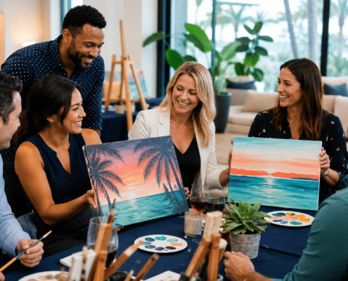 Coworkers sharing finished tropical paintings during a Fort Lauderdale team-building event
