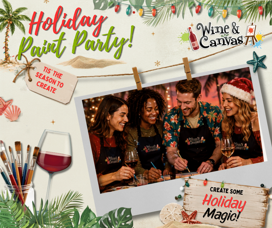 Get into the holiday spirit the Florida way with Wine & Canvas! Join us for a festive Holiday Paint Party where Christmas cheer meets sun