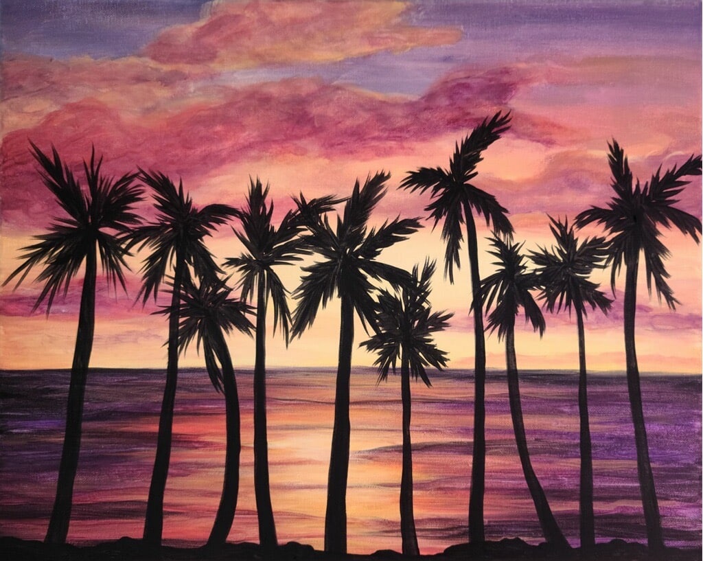 Cape Coral Paint Party - Purple Palms - Monarcas Cape Coral - Wine and Canvas - Paint and Sip - July 2024 - Paint and Sip at Monarca's Authentic Mexican Cuisine in Cape Coral!
