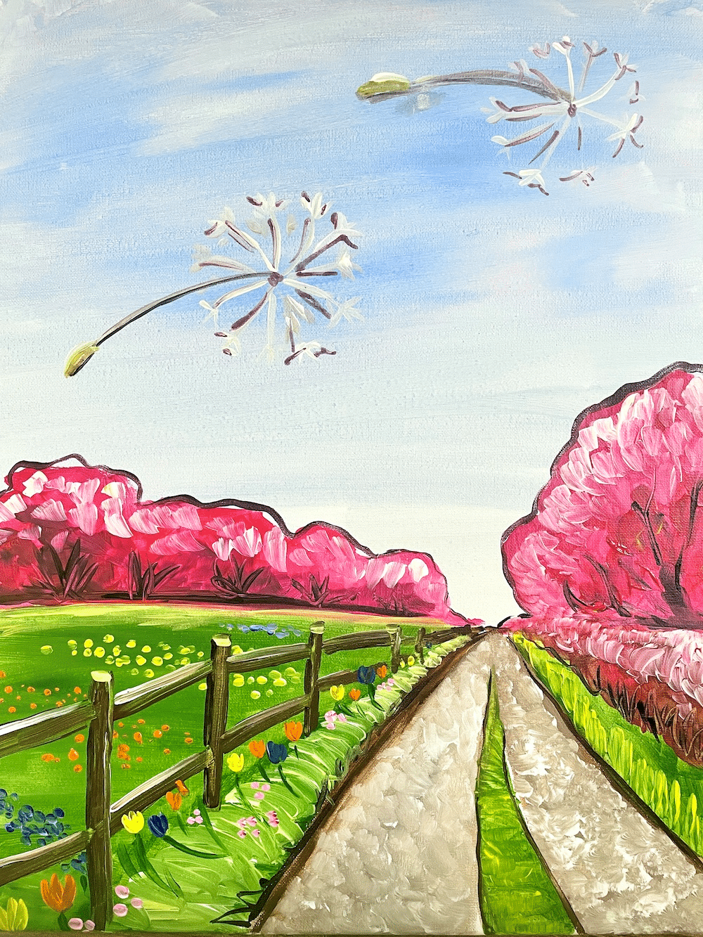 Speedway Painting Class - Dandelion Pastures - Paint and Sip - Foyt Wine Vault - Wine and Canvas