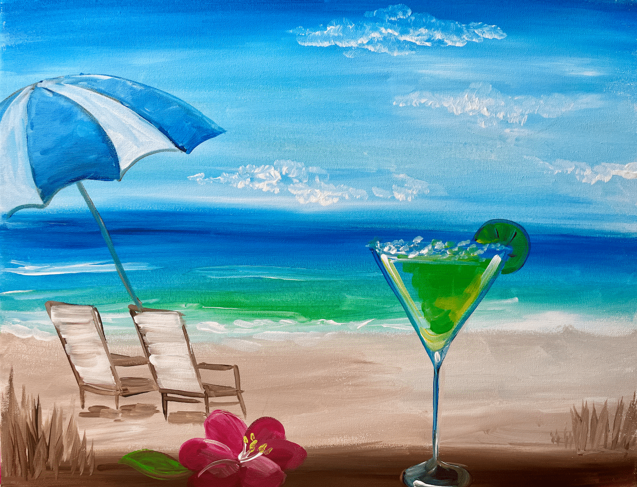 West Lafayette Paint and Sip - Beach Vacation - Boomerangs Pizza - Wine and Canvas Greater Indianapolis - August 2024