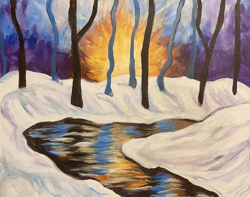 paint and sip Winter Sunset in the forest