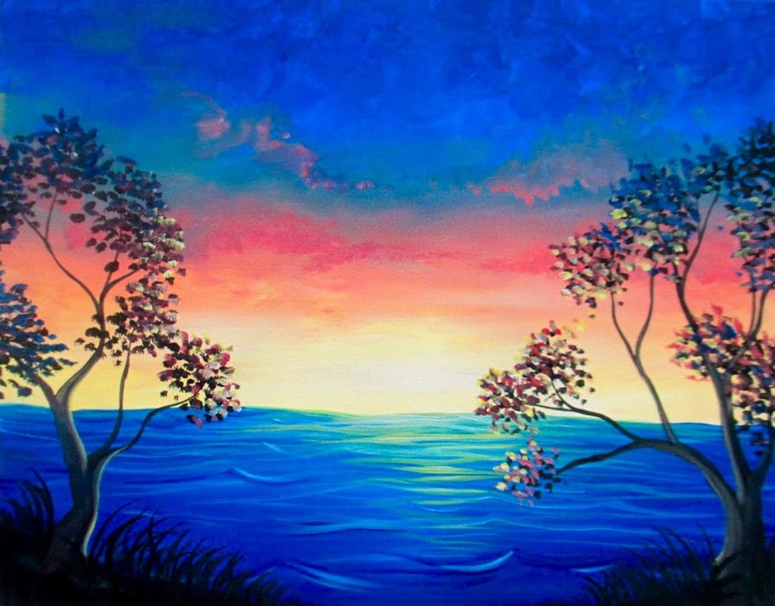 acrylic painting on an 11x14 canvas of a lakeside sunset