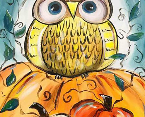 owl sits on a big pumpkin. two pumpkins sit in front one white one orange. there are pumpkin vines around the image and a moon in the background