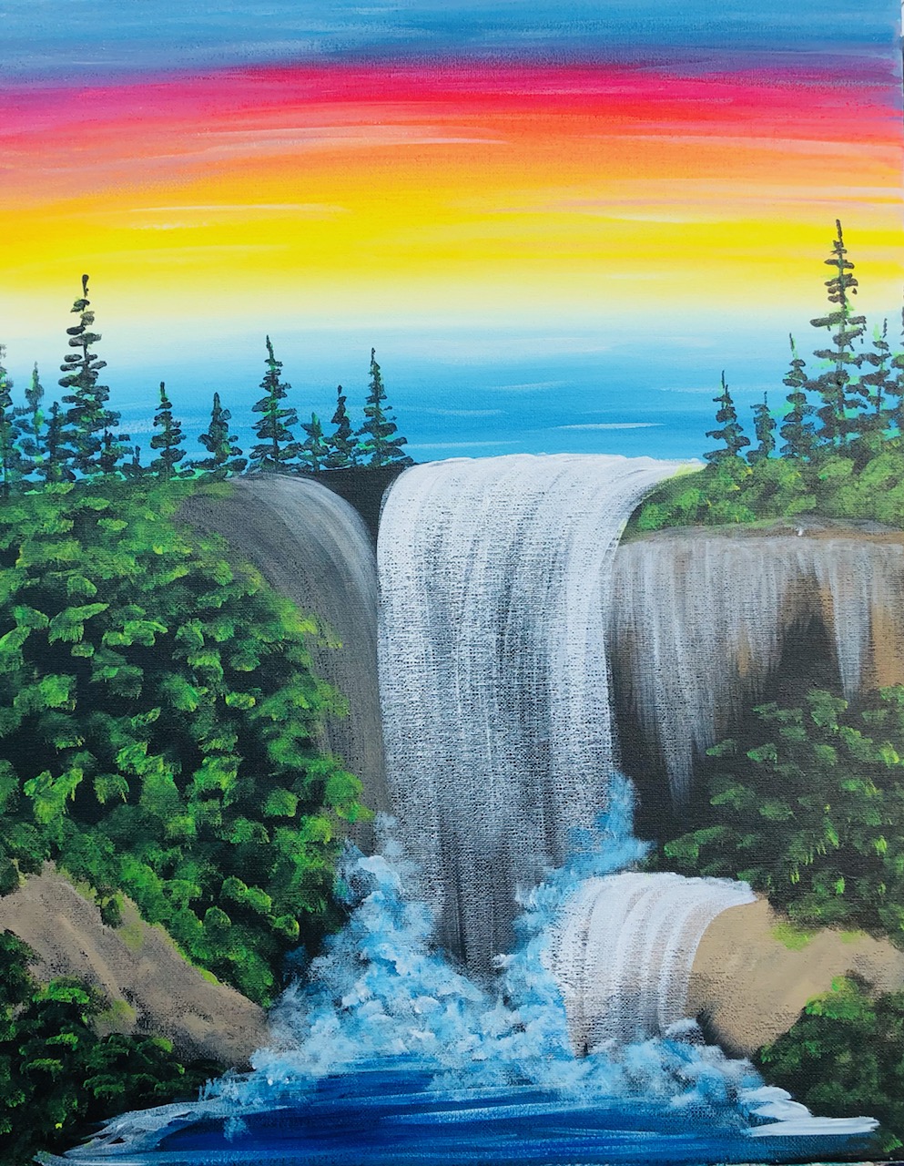 waterfall with a rainbow sky and trees around it