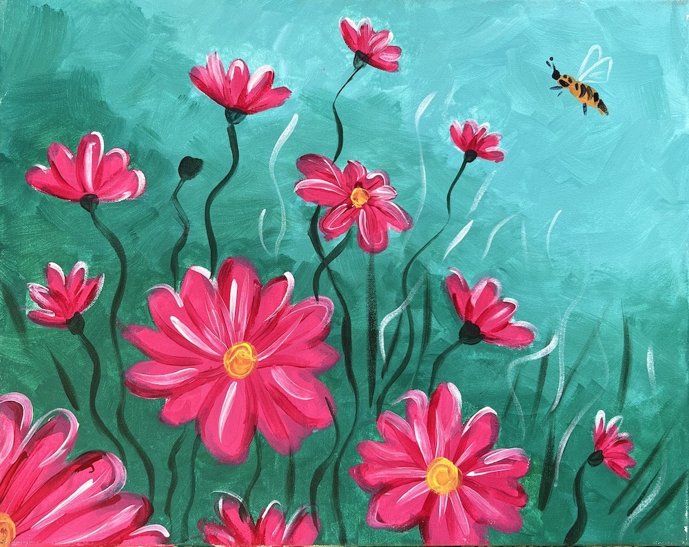 Little bee is a spring inspired flower acrylic painting