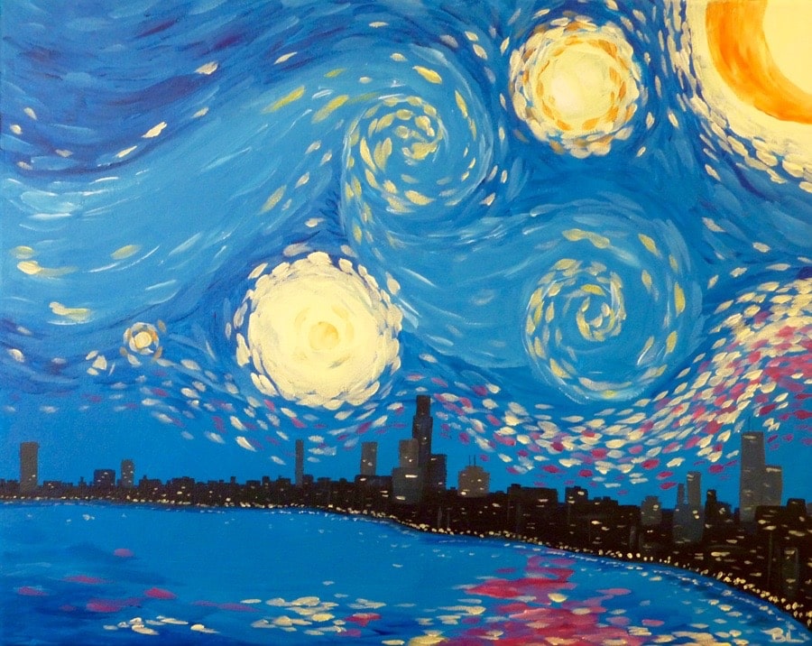 Swirling starry night sky above a glowing city skyline reflected on water