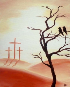 Three crosses at sunrise with tree silhouette and birds – Christian Easter painting