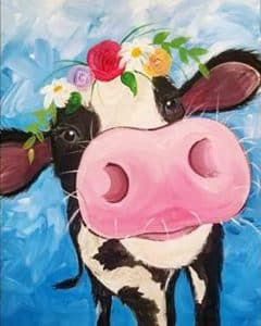 Canvas for a Floral Cow Painting Party featuring a whimsical black-and-white cow with a bright pink snout and a colorful flower crown, set against a textured blue background.