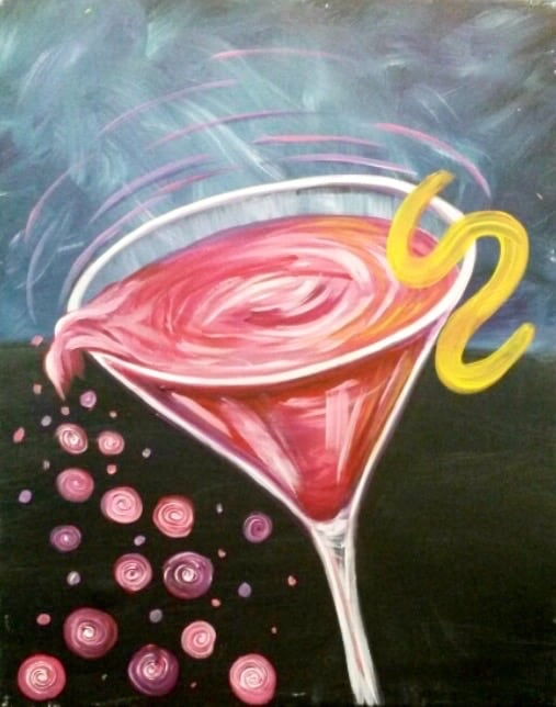 Pink martini splash painting with swirling cocktail in a martini glass on a dark background