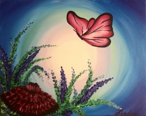 Pink butterfly flying above colorful spring flowers and lavender stems against a glowing circular sky background.