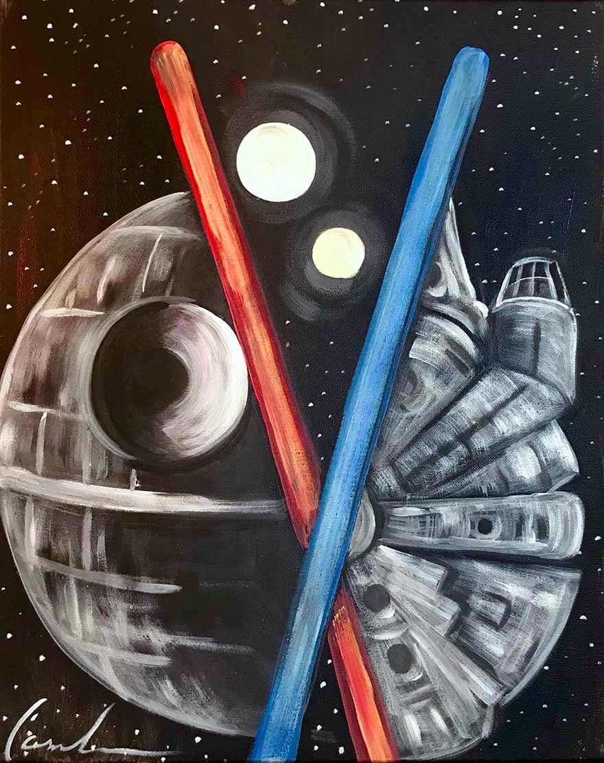 Star Wars inspired painting with Death Star and Millennium Falcon crossed by red and blue lightsabers in space.