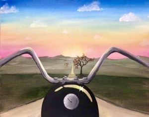 A motorcycle handlebar view of a sunset road with pastel skies, painted during a Paint and Sip Party.