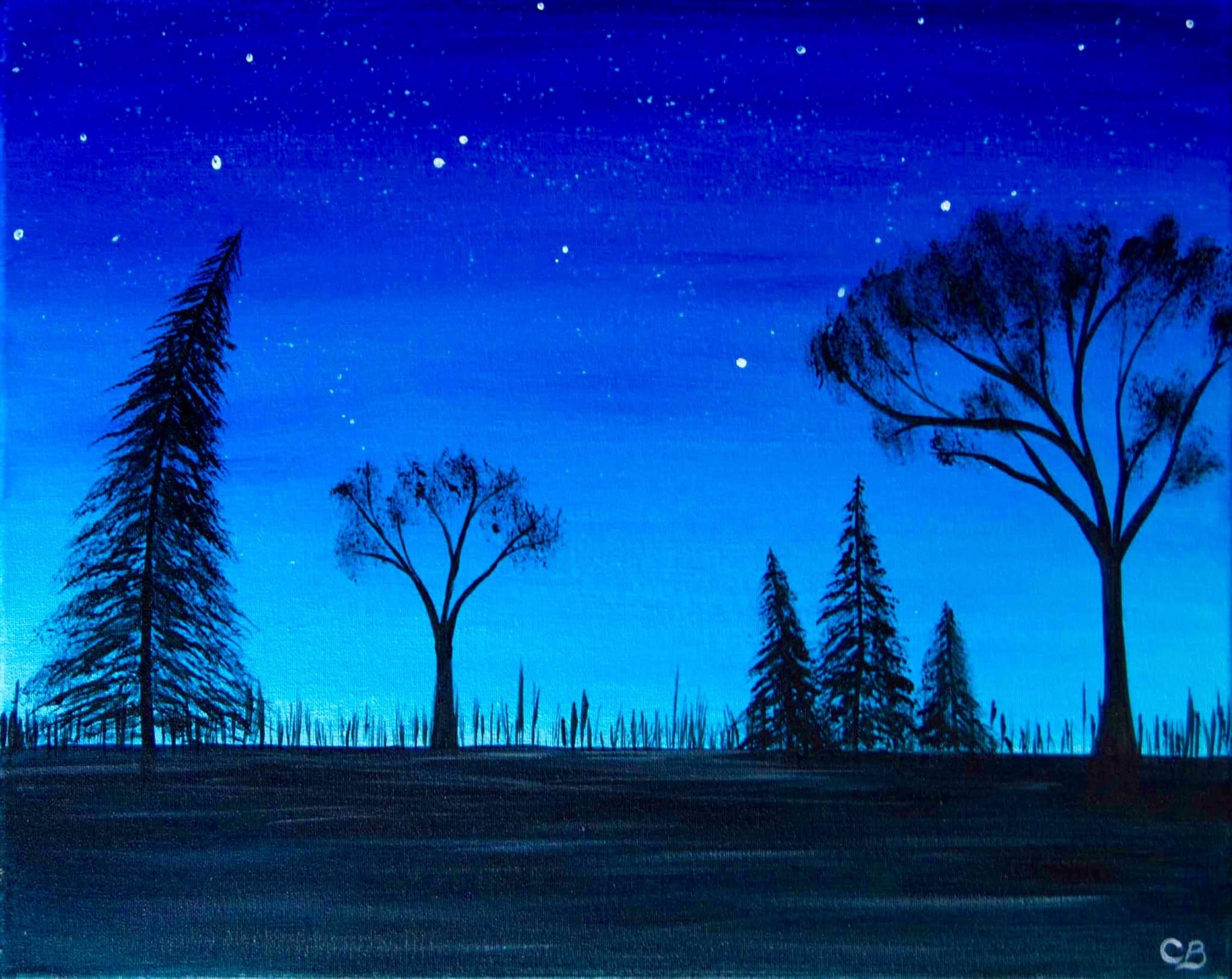Evening Glow painting used in Toledo Paint and Sip Party, featuring a twilight forest and starry sky.