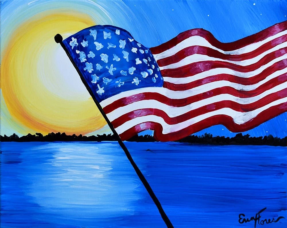 Toledo Paint and Sip Party Freedom's Light painting of American flag at sunset.