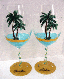 Palm tree wine glasses painted at Toledo Paint and Sip Party