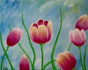 Acrylic painting of pink and yellow Blooming Tulips against a soft blue sky, featured at the Blooming Tulips Paint and Sip event.
