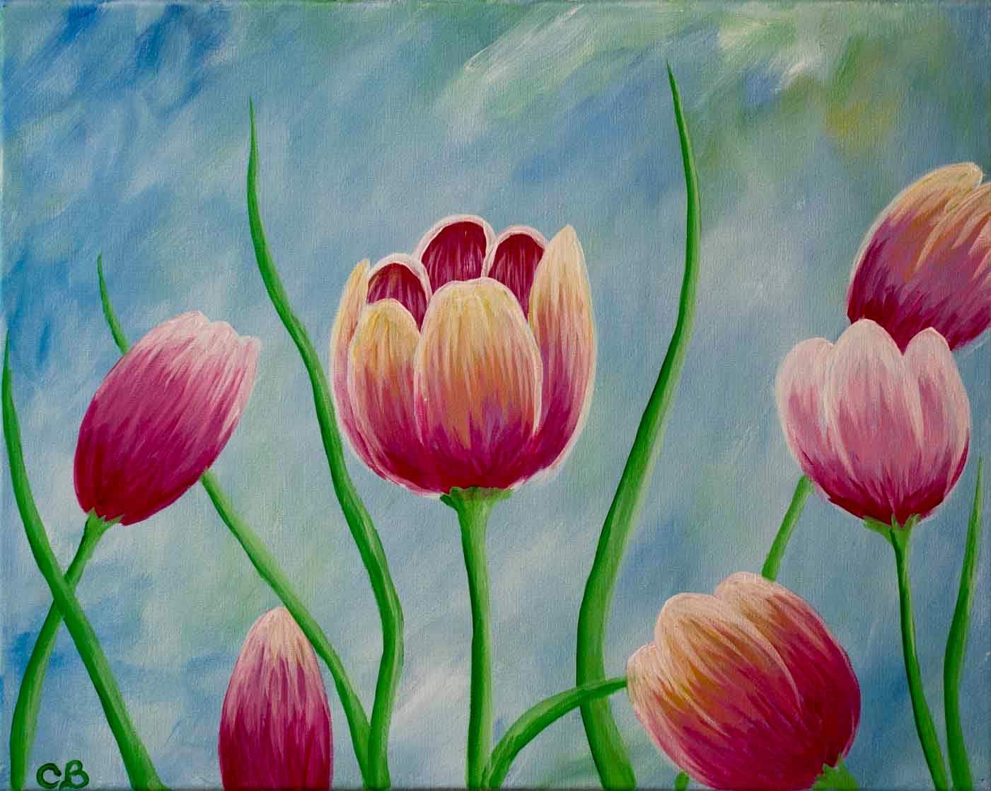 Acrylic painting of pink and yellow Blooming Tulips against a soft blue sky, featured at the Blooming Tulips Paint and Sip event.
