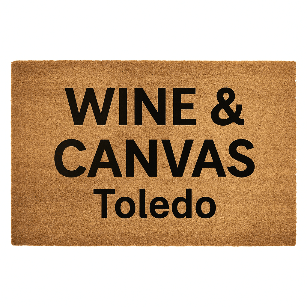 DIY custom doormat party design featuring a natural coir mat with bold black text reading "WINE & CANVAS Toledo" centered on it.