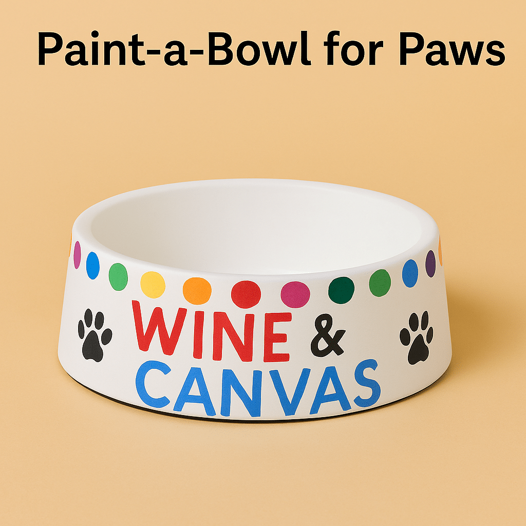 Decorated ceramic dog bowl with colorful Wine & Canvas logo and paw prints for Paint-a-Bowl for Paws event