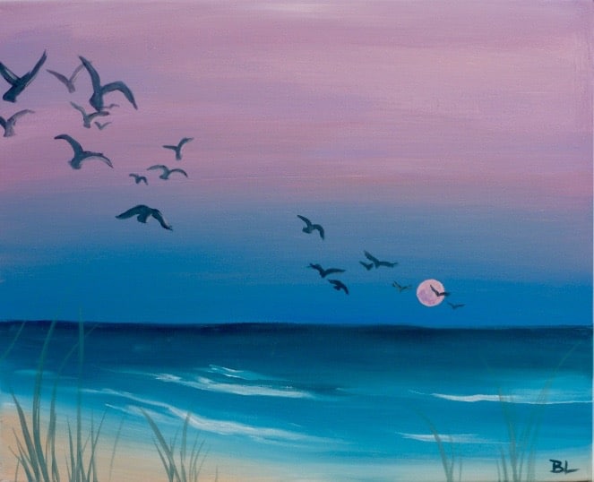 Dusky Beach painting featured at a Toledo Paint and Sip Party, showing a serene ocean scene at sunset with birds flying across a pastel pink and blue sky over gentle waves.