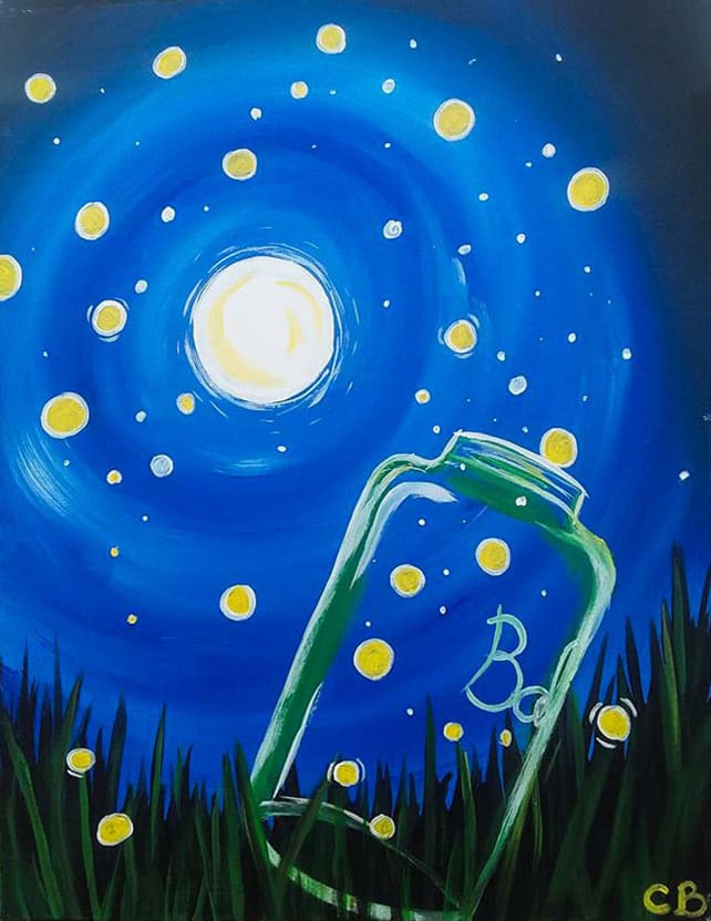 A whimsical night scene painting from a Toledo Paint and Sip event, featuring a glowing full moon, swirling blue sky, and bright yellow fireflies floating above grass, with a tipped-over mason jar catching fireflies.
