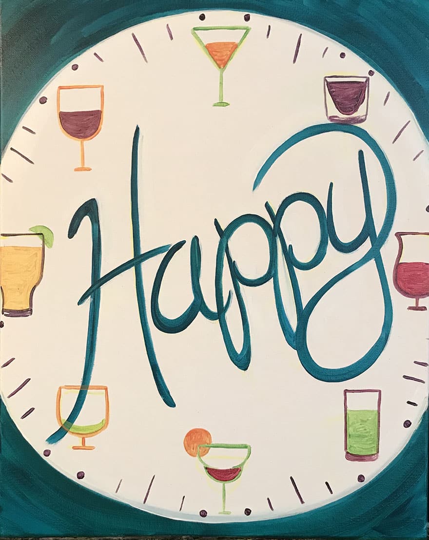 Colorful painting of a clock face with various cocktails at each hour and the word 'Happy' written boldly across the center, designed for a Paint and Sip Party event.