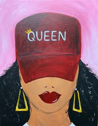 Painting of a woman with bold red lips, gold earrings, and a red hat labeled 'QUEEN'—ideal for a Paint and Sip Private party.