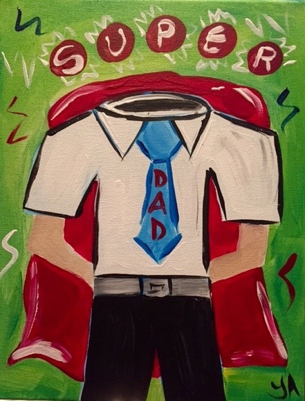 Father’s Day Cookies and Canvas Toledo painting of a superhero dad in red cape with blue tie on green background