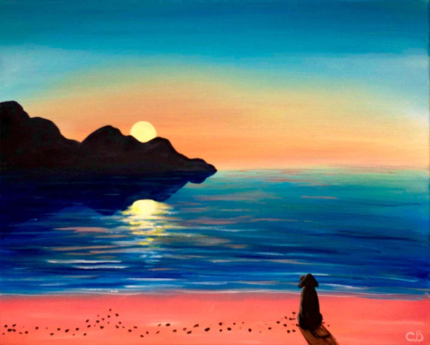 Serene Sun Dog painting class scene featuring a dog sitting on the beach at sunset, gazing at the glowing ocean horizon.