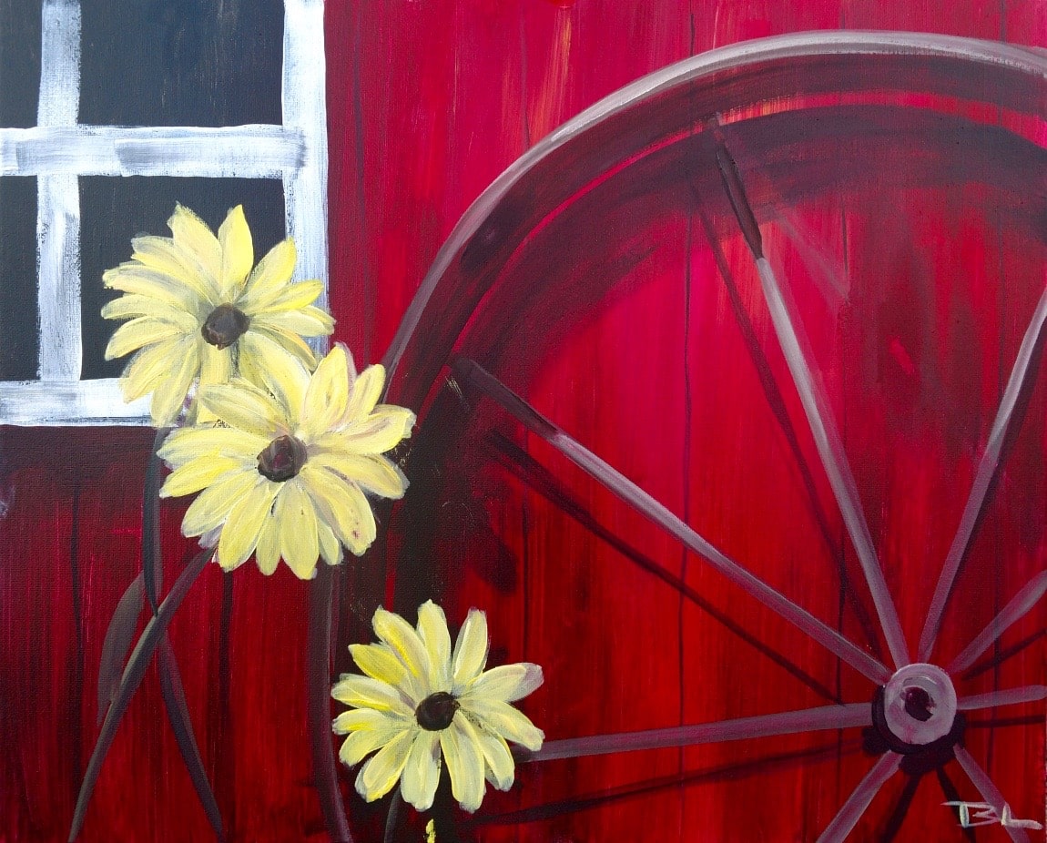 Toledo Paint and Sip Sunflower Barn painting featuring a rustic red barn surrounded by bright yellow sunflowers under a blue summer sky