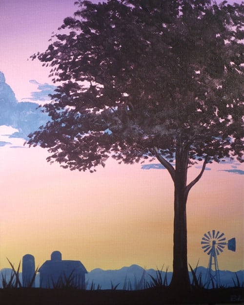 Silhouette of a tree and farm buildings against a purple and orange twilight sky, painted at a Private Paint Party.