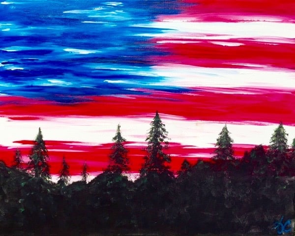 Painting of a forest silhouette under a vivid American Skies painting with red, white, and blue flag-themed sunset.