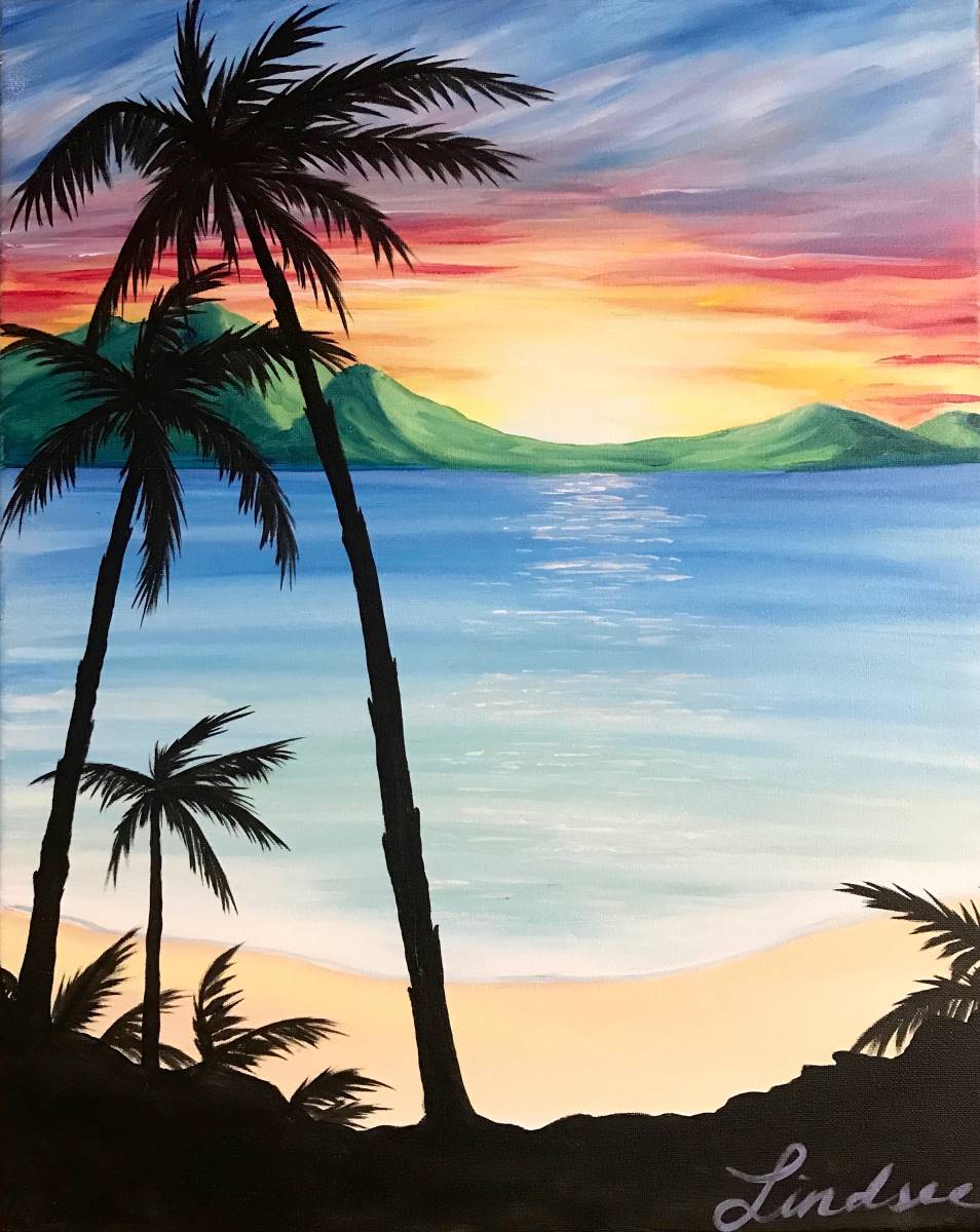 Toledo Paint and Sip Tropical Sunset painting with palm trees silhouetted against a vibrant orange and purple sky.