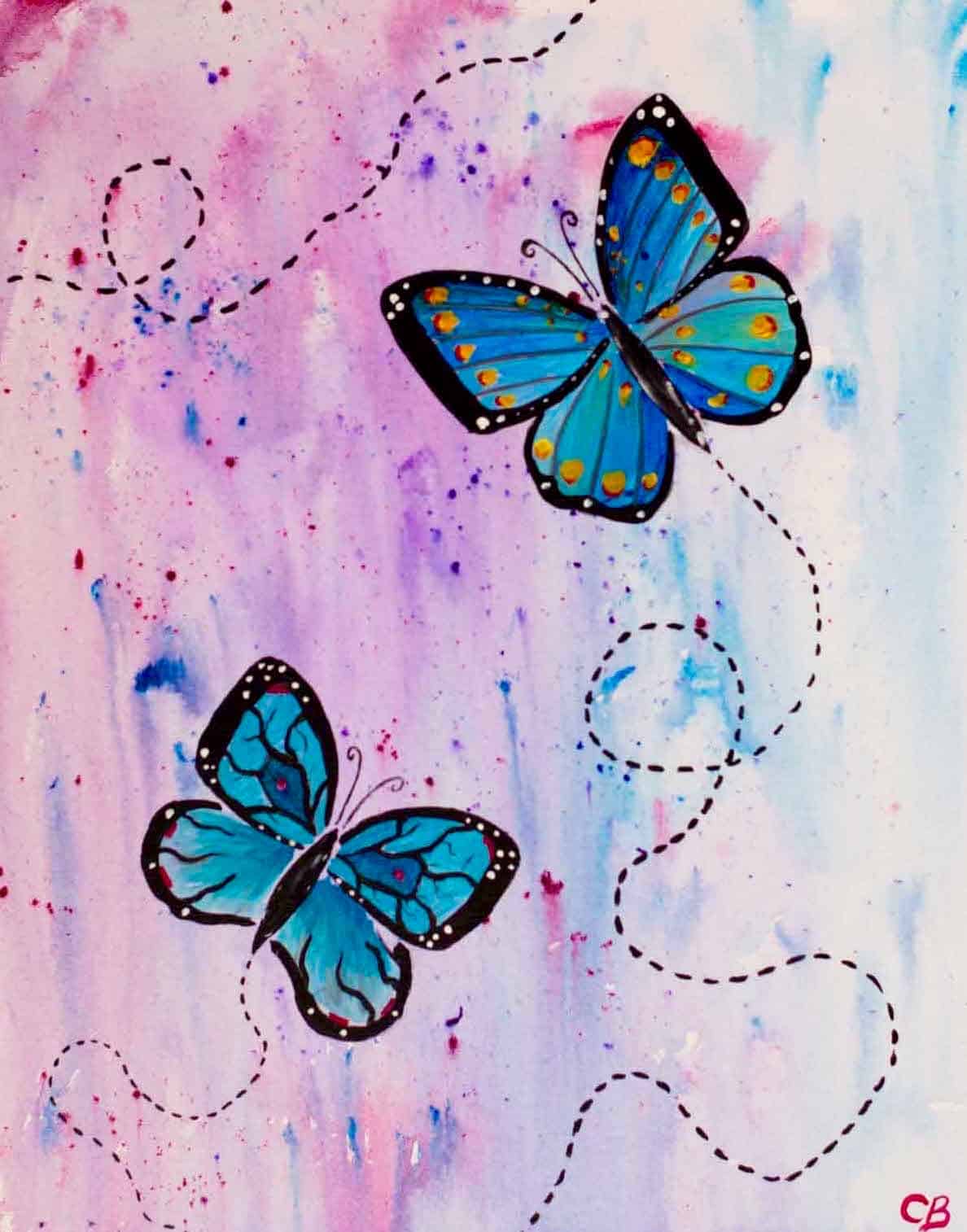 Dreamy butterflies in flight against a softly blended sky, painted on a 16x20 canvas at a Paint and Sip Party.