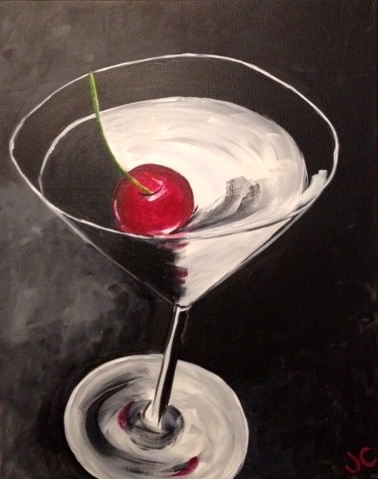 A bold black-and-white painting of a martini glass with a red cherry, created at a Toledo Paint and Sip party.