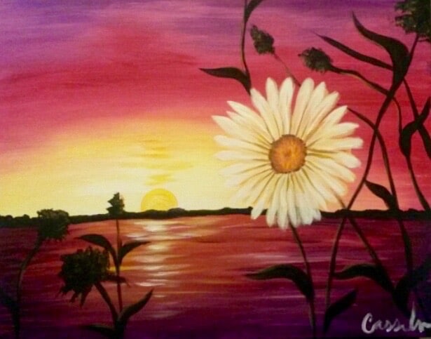 Toledo Paint and Sip class featuring a vibrant daisy and sunset scene over a calm lake, perfect for a relaxing night out.