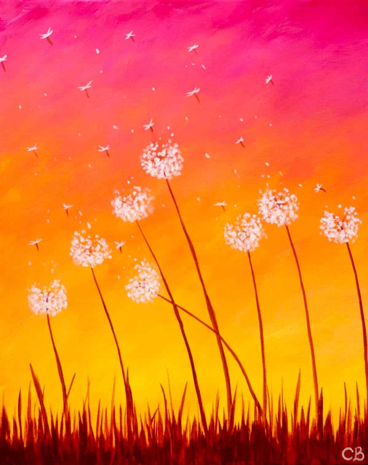 Silhouetted dandelions float gently across a glowing twilight sky, painted on a 16x20 canvas at a Paint and Sip Party.