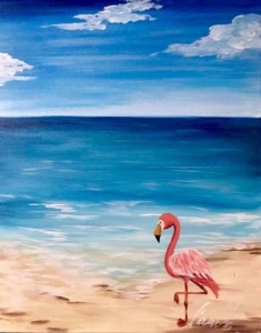 Pink flamingo standing on a sandy beach with turquoise water and blue sky, painted during a tropical-themed paint and sip party.