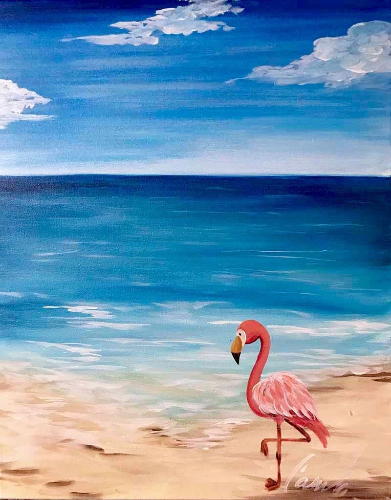 Pink flamingo standing on a sandy beach with turquoise water and blue sky, painted during a tropical-themed paint and sip party.