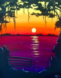 Vibrant sunset over Lake Erie with glowing orange and purple skies reflecting on water, painted on canvas at a Paint and Sip Party.