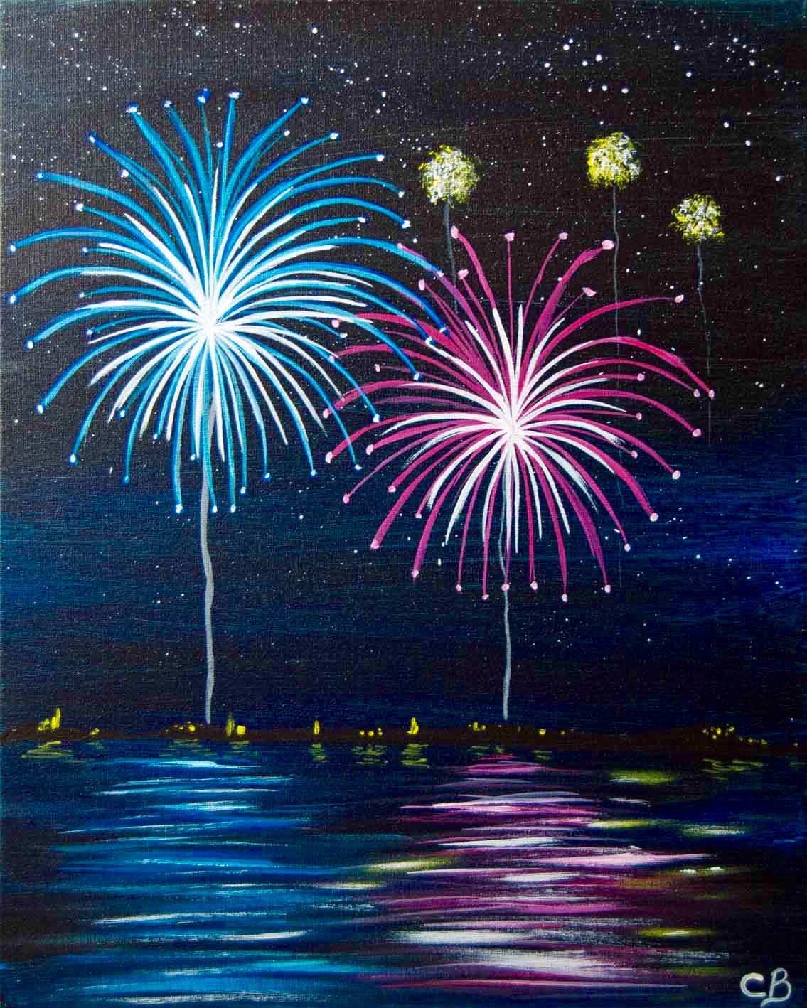Colorful fireworks burst over a lake with vivid reflections beneath a starry night sky, painted on black canvas at a Toledo Paint & Sip.