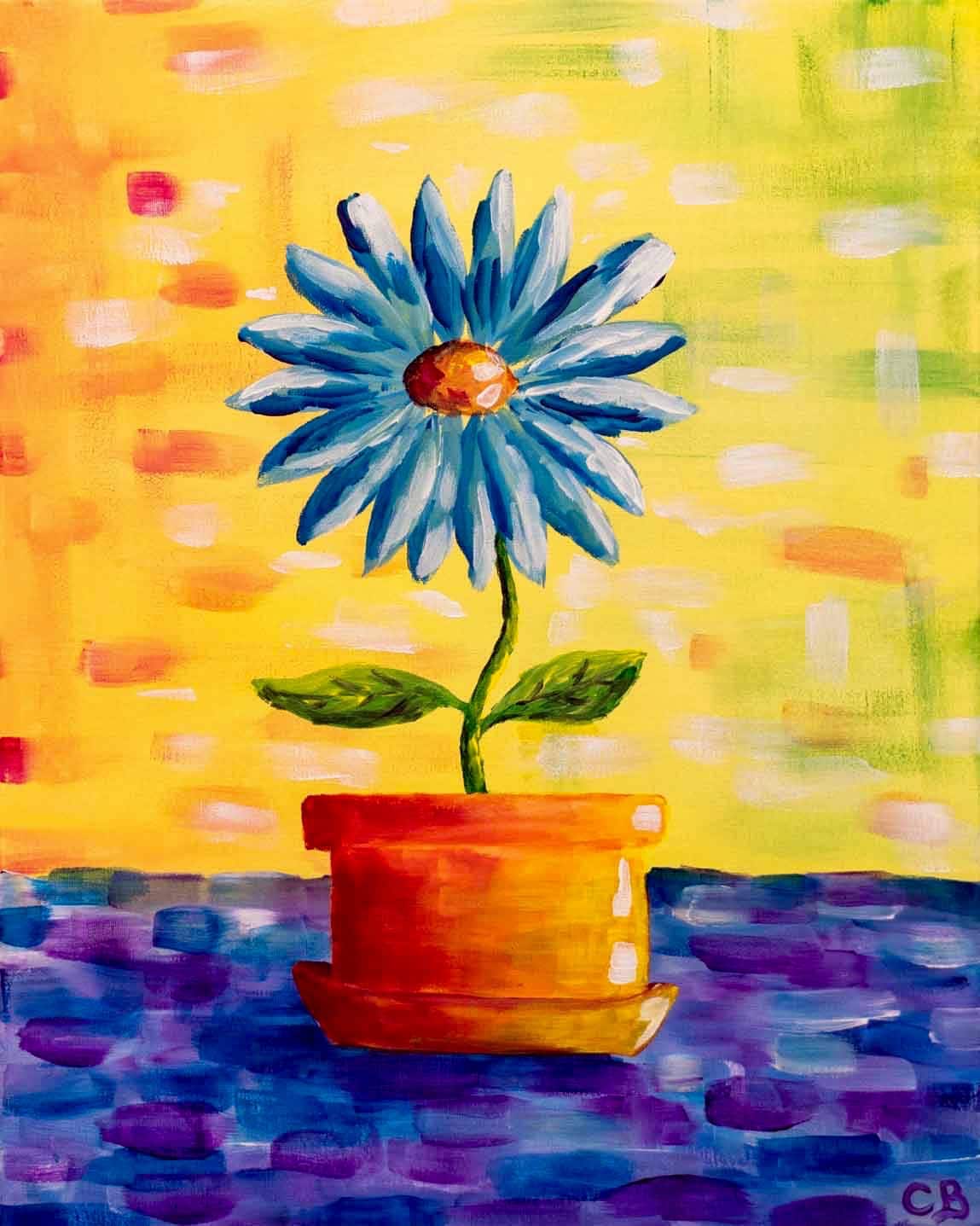 A single blue-petaled flower pops from an orange pot against a rainbow-washed background, painted during a Paint and Sip Party.