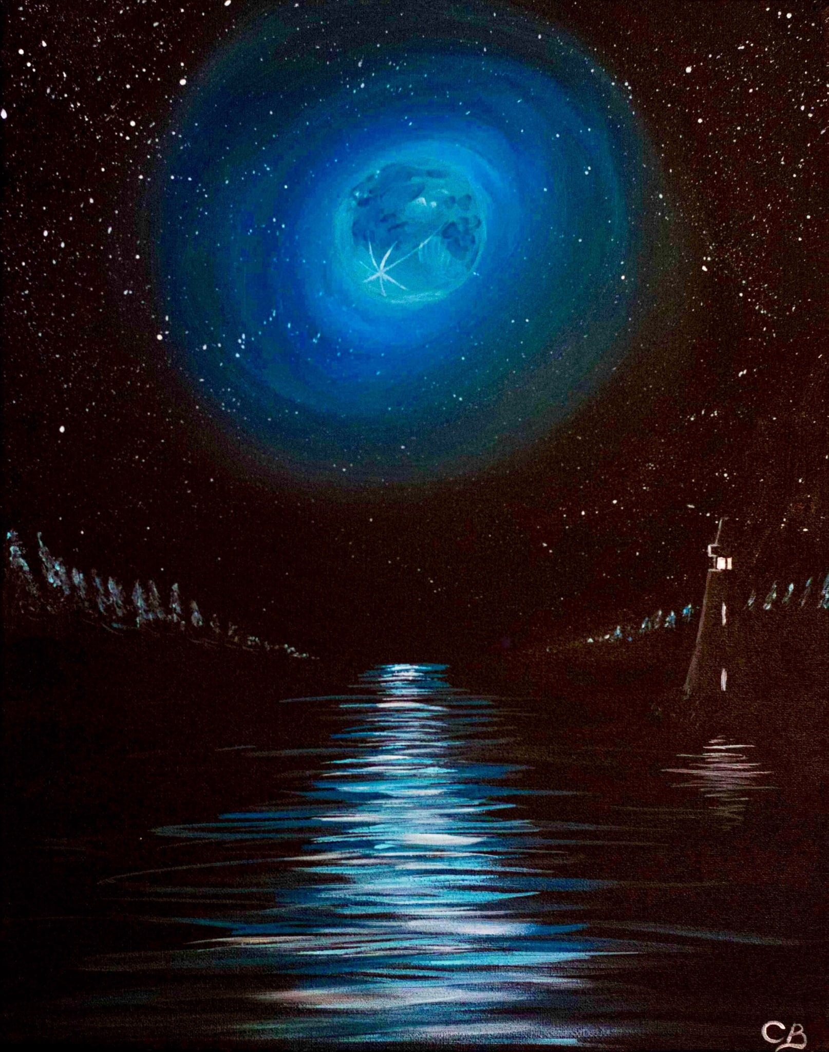 A glowing blue moon illuminates a star-filled night sky, casting light over a calm lake and lighthouse—painted during a Paint & Sip Party on black canvas.