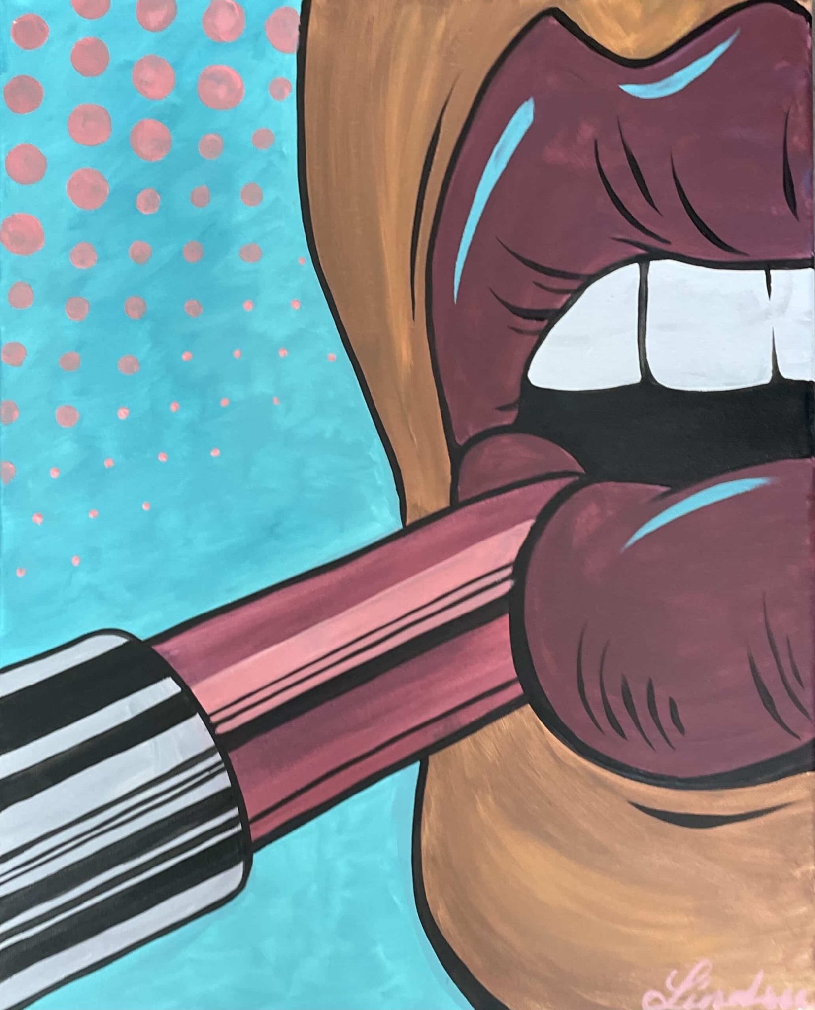 A pop-art style painting of lips applying lipstick in bold colors, created during a Paint and Sip Party.