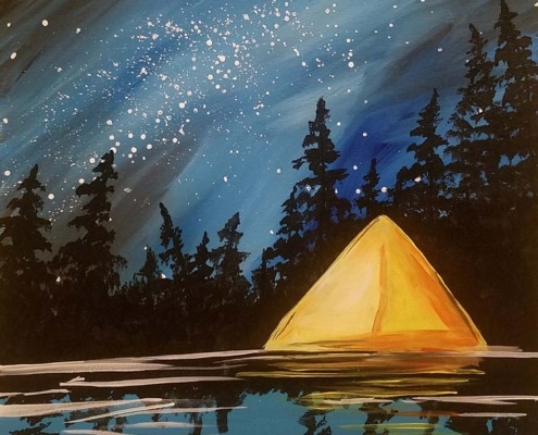 A glowing tent reflects on a moonlit lake under a starry night sky, painted during a Paint and Sip Party.