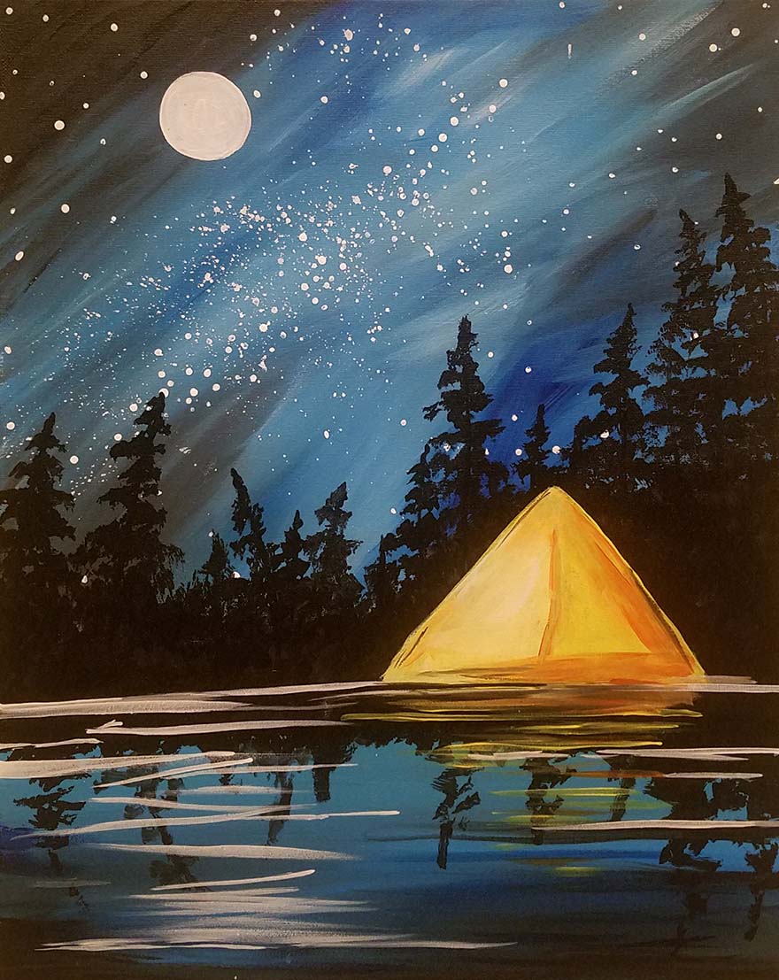 A glowing tent reflects on a moonlit lake under a starry night sky, painted during a Paint and Sip Party.