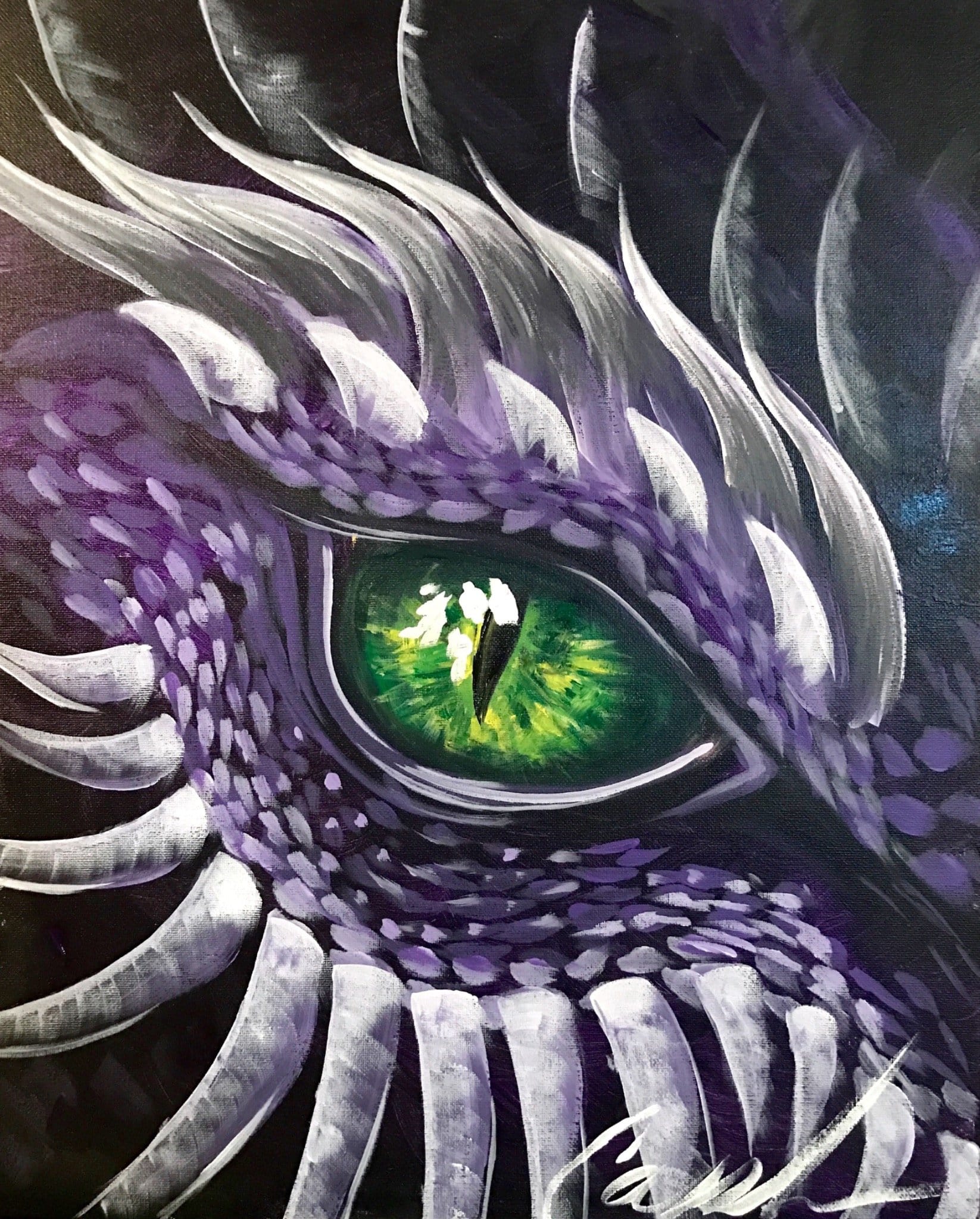 Close-up painting of a dragon’s eye in purple and green. Private paint party artwork.