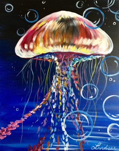 A vibrant painting of a glowing jellyfish floating underwater, with multicolored tentacles, swirling bubbles, and a deep blue ocean background.