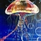 A vibrant painting of a glowing jellyfish floating underwater, with multicolored tentacles, swirling bubbles, and a deep blue ocean background.